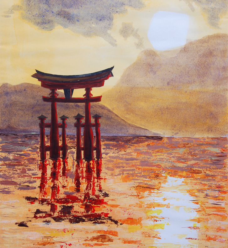 A painting of a Japanese shrine gate in the water.